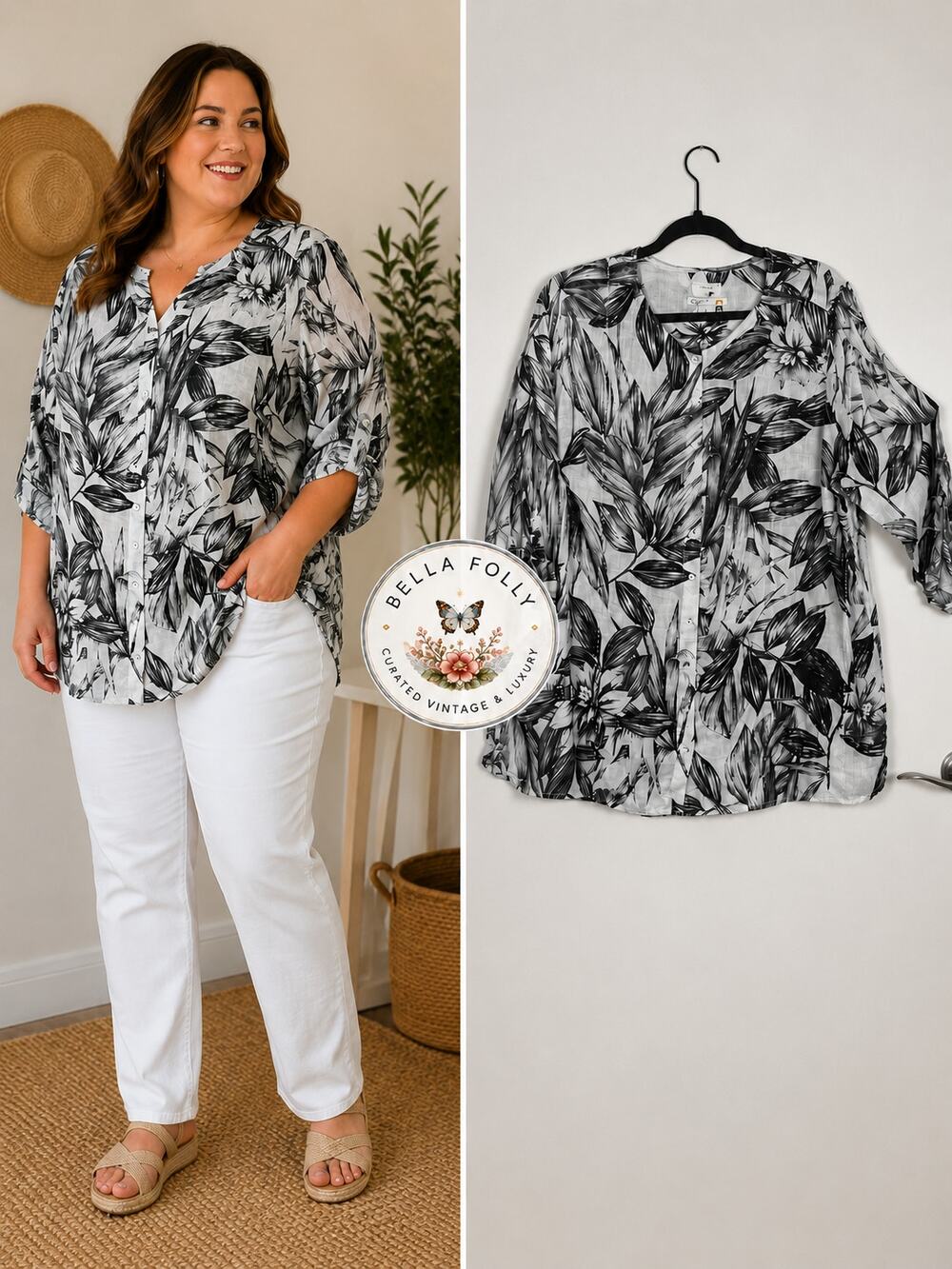 C + C Black & White Linen Button Up Floral Top Tunic EUC 1X